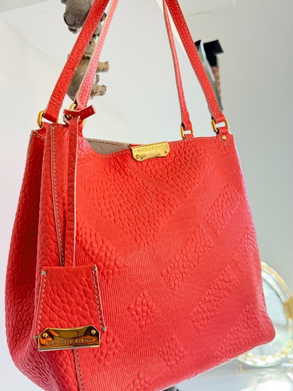 Burberry Red Textured Leather Shoulder Bag with Gold Hardware